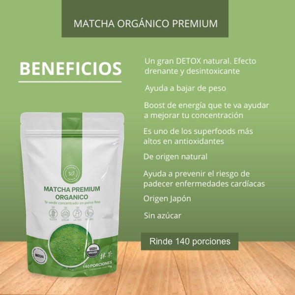 Matcha Premium Orgánico 70g con cucharita.